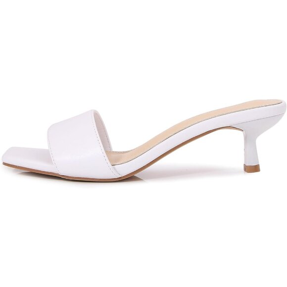 Women's White Kitten Heels Sandal Heeled Slides Square Open Toe One Band Slip On - Picture 4 of 9